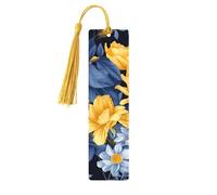 Marque-page floral jaune avec base bleue, marque-page en bois pour les amateurs de livres, marque-page en bois fait à la main avec pompon, marque-page de lecture, étiquettes cadeaux en bois pour