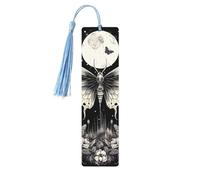 Marque-page gothique en bois avec pompon pour femme et homme - Motif tête de mort et papillon - Cadeau pour les amateurs de livres