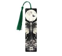 Marque-page gothique en bois avec pompon pour femme et homme - Motif tête de mort et papillon - Cadeau pour les amateurs de livres