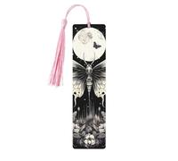Marque-page gothique en bois avec pompon pour femme et homme - Motif tête de mort et papillon - Cadeau pour les amateurs de livres