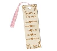 Marque Page Grand-mère en Bois Signet Super Mamie Marque Page Personnalisé Rectangulaire avec Pompons Rose Cadeau Original pour Retraite Fête des Grands Mères Anniversaire Noël