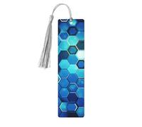 Marque-page hexagonal bleu en bois pour homme et femme, fait à la main avec pendentif en bois brut avec pampille, marque-pages, cadeaux à suspendre pour les amateurs de livres