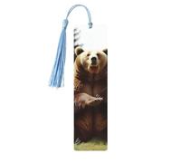 Marque-page Hi Bear assis sur la pelouse avec pompons, marque-page en bois pour homme et femme, fait à la main pour les amateurs de livres, marqueurs de page de lecture, étiquettes en bois, ornements