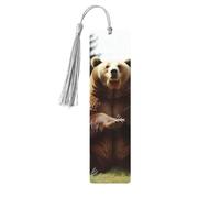 Marque-page Hi Bear assis sur la pelouse avec pompons, marque-page en bois pour homme et femme, fait à la main pour les amateurs de livres, marqueurs de page de lecture, étiquettes en bois, ornements
