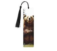 Marque-page Hi Bear assis sur la pelouse avec pompons, marque-page en bois pour homme et femme, fait à la main pour les amateurs de livres, marqueurs de page de lecture, étiquettes en bois, ornements