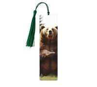 Marque-page Hi Bear assis sur la pelouse avec pompons, marque-page en bois pour homme et femme, fait à la main pour les amateurs de livres, marqueurs de page de lecture, étiquettes en bois, ornements