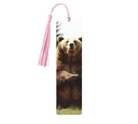 Marque-page Hi Bear assis sur la pelouse avec pompons, marque-page en bois pour homme et femme, fait à la main pour les amateurs de livres, marqueurs de page de lecture, étiquettes en bois, ornements