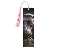 Marque-page hippopotame avec pompons, marque-page en bois pour homme et femme, fait à la main pour les amateurs de livres, marqueurs de page de lecture, étiquettes en bois, ornements d'anniversaire