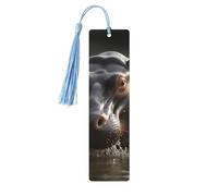 Marque-page hippopotame avec pompons, marque-page en bois pour homme et femme, fait à la main pour les amateurs de livres, marqueurs de page de lecture, étiquettes en bois, ornements d'anniversaire