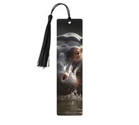 Marque-page hippopotame avec pompons, marque-page en bois pour homme et femme, fait à la main pour les amateurs de livres, marqueurs de page de lecture, étiquettes en bois, ornements d'anniversaire