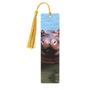 Marque-page hippopotame mignon en bois pour les amateurs de livres fait à la main avec pampille, marque-page de lecture, étiquettes cadeaux en bois pour décorations artisanales