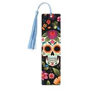 Marque-page Jour des morts en bois avec pompon en forme de tête de mort pour homme et femme - Marque-page de lecture - Cadeau pour les amateurs de livres