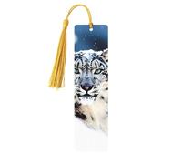 Marque-page léopard des neiges aux yeux bleus, marque-page en bois pour les amateurs de livres, marque-page en bois fait à la main avec pompon, marque-page de lecture, étiquettes cadeaux en bois pour