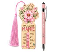 Marque-Page Mamie en Bois avec Stylo Rose, Cadeau Grand Mere Fleuri | Marque page mamie en bois, 15 × 6 cm, avec stylo rose de 14 cm ; duo fleuri pour accompagner ses lectures au quotidien.