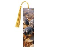 Marque-page mignon en bois fait à la main en forme de tortue de mer rampant sur la plage, pour les amateurs de livres, marque-page en bois avec pompon, marque-page de lecture, étiquettes cadeaux en