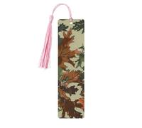 Marque-page motif feuilles bleu marine camouflage en bois d'érable avec pompon pour homme et femme - Marque-page de lecture - Cadeau pour les amateurs de livres