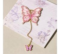 Marque-page papillon avec accents dorés et breloque chaîne, rose | Marque-page papillon creux en métal avec art. Breloque chaîne ton or. Fin et durable. S'adapte à la plupart des livres