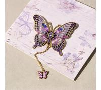 Marque-page papillon avec accents dorés et breloque chaîne, violet | Marque-page papillon creux en métal avec art. Breloque chaîne ton or. Fin et durable. S'adapte à la plupart des livres