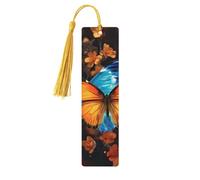 Marque-page papillon bleu et orange, marque-page en bois pour les amateurs de livres, marque-page en bois fait à la main avec pompon, marque-page de lecture, étiquettes cadeaux en bois pour