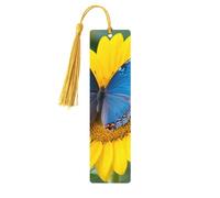 Marque-page papillon bleu tournesol en bois pour les amateurs de livres, marque-page en bois fait à la main avec pompon, marque-page de lecture, étiquettes cadeaux en bois pour décorations artisanales