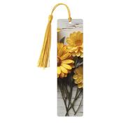 Marque-page plat à fleurs jaunes en bois pour les amateurs de livres, marque-page en bois fait à la main avec pompon, marqueurs de page de lecture, étiquettes cadeaux en bois pour décorations