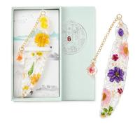 Marque-Page Plume Fleurs Pressées, Accessoire Lecture pour Livres, 2 Pièces en Résine Époxy avec Fleurs Séchées Pendentif Perles Coffret Vert Clair Cadeau pour Lectrice Maîtresse Amoureux des Livres