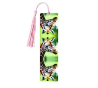 Marque-page rectangulaire en bois avec imprimé girafe de dessin animé, étiquettes artisanales en bois naturel avec pompons, cadeau pour homme et femme