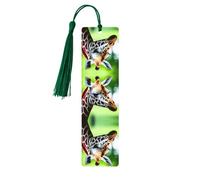 Marque-page rectangulaire en bois avec imprimé girafe de dessin animé, étiquettes artisanales en bois naturel avec pompons, cadeau pour homme et femme