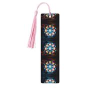 Marque-page rectangulaire en bois avec imprimé mandala ciel étoilé, étiquettes artisanales rectangulaires en bois naturel avec pompons, cadeau pour homme et femme