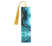Marque-page rectangulaire en bois imprimé marbre bleu turquoise doré avec pompons, cadeau pour homme et femme