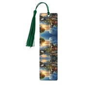 Marque-page rectangulaire en bois imprimé moulin à vent coucher de soleil, étiquettes artisanales en bois naturel avec pompons, cadeau pour homme et femme