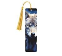 Marque-page tête de loup sur fond bleu, marque-page en bois pour les amateurs de livres, marque de livre en bois fait à la main avec pompon, marque-page de lecture, étiquettes cadeaux en bois pour