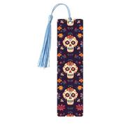 Marque-page tête de mort mexicaine squelette floral en bois avec pompon pour homme et femme - Marque-page de lecture - Cadeau pour les amateurs de livres
