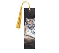 Marque-page tigre assis sur un rocher, marque-page en bois pour les amateurs de livres, marque de livre en bois fait à la main avec pompon, marque-page de lecture, étiquettes cadeaux en bois pour