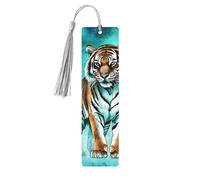 Marque-page tigre bleu sarcelle en bois avec pompon pour homme et femme - Marque-page de lecture - Cadeau pour les amateurs de livres