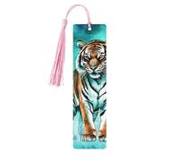 Marque-page tigre bleu sarcelle en bois avec pompon pour homme et femme - Marque-page de lecture - Cadeau pour les amateurs de livres