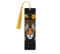 Marque-page tigre et tournesol sur fond noir, marque-page en bois pour les amateurs de livres, marque de livre en bois fait à la main avec pompon, marque-page de lecture, étiquettes cadeaux en bois