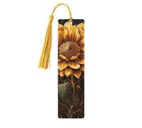 Marque-page tournesol sur fond noir, marque-page en bois pour les amateurs de livres fait à la main avec pompon, marque-page de lecture, étiquettes cadeaux en bois pour décorations artisanales