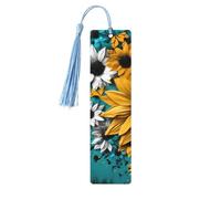 Marque-page vintage en bois avec pompon en forme de tournesol turquoise pour homme et femme, marque-page de lecture, cadeaux pour les amateurs de livres