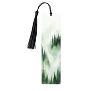 Marque-pages en bois aquarelle vert forêt brumeuse et blanc avec pompons pour travaux manuels, marque-pages pour lecteurs amateurs de livres