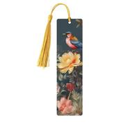 Marque-pages en bois avec fleurs et oiseaux pour les amateurs de livres, fait à la main avec pompons colorés, marque-page imprimés double face, accessoires de livre artistique, cadeau pour homme et