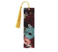 Marque-pages en bois avec fleurs marron et bleu marine pour les amateurs de livres, marque-page fait à la main avec pompons colorés, marque-page imprimés double face, accessoires de livre artistique
