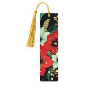 Marque-pages en bois avec fleurs vertes et rouges pour les amateurs de livres, marque-page fait à la main avec pompons colorés imprimés double face, accessoires de livre artistique, cadeau pour homme