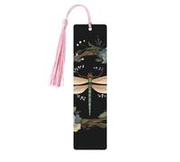 Marque-pages en bois avec image de libellule dans une couronne pour les amateurs de livres, fait à la main avec pompons colorés, marque-page imprimés double face, accessoires de livre artistique