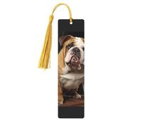 Marque-pages en bois avec motif bouledogue anglais pour les amateurs de livres, fait à la main avec pompons colorés, marque-page imprimés double face, accessoires de livre artistique, cadeau pour