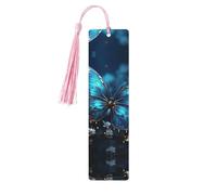 Marque-pages en bois avec papillon bleu et lune pour les amateurs de livres, fait à la main avec pompons colorés, marque-page imprimés double face, accessoires de livre artistique, cadeau pour homme