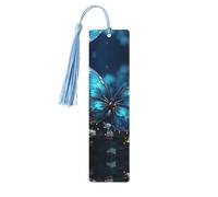 Marque-pages en bois avec papillon bleu et lune pour les amateurs de livres, fait à la main avec pompons colorés, marque-page imprimés double face, accessoires de livre artistique, cadeau pour homme