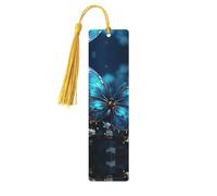 Marque-pages en bois avec papillon bleu et lune pour les amateurs de livres, fait à la main avec pompons colorés, marque-page imprimés double face, accessoires de livre artistique, cadeau pour homme