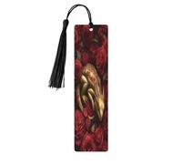 Marque-pages en bois avec pompons en forme de dragon doré endormi dans un champ de roses pour travaux manuels, marque-pages pour lecteurs amateurs de livres