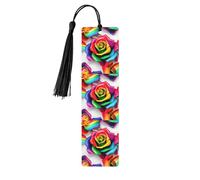 Marque-pages en bois avec pompons - Motif rose arc-en-ciel - Marqueurs de livre en bois pour les amateurs de livres, les enseignants et les cadeaux